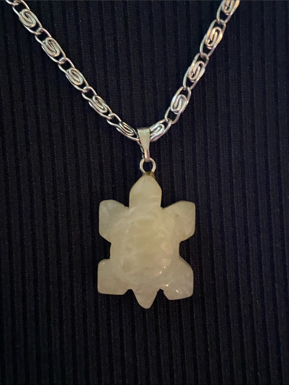 Carved Stone Turtle  Pendant On Silvertone Chain